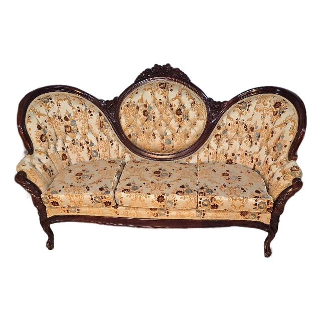 Vintage Kimball Victorian Style Carved Wood Triple Back Settee Sofa For Sale