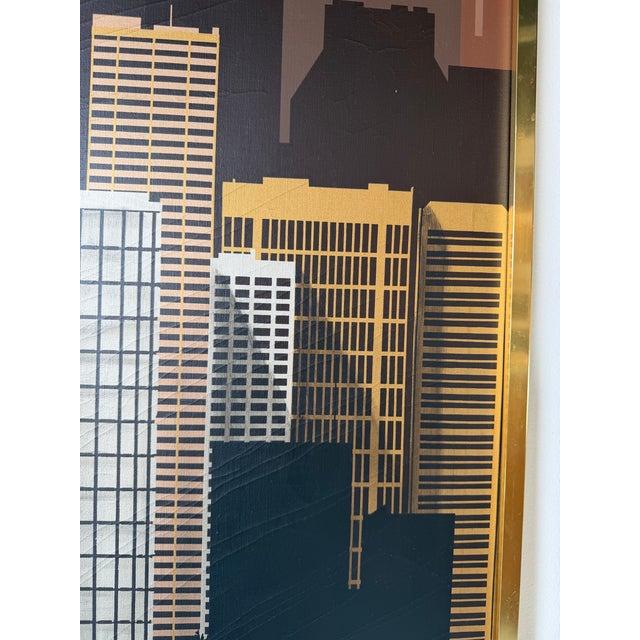 1970s Vintage Franco Modernist Cityscape Acrylic on Canvas Painting – Gold Aluminum Frame For Sale - Image 9 of 11