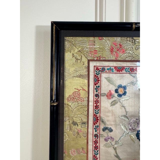 Chinoiserie Asian Chinoiserie Framed Faux Bamboo Embroidery Silk Textile Art For Sale - Image 3 of 12