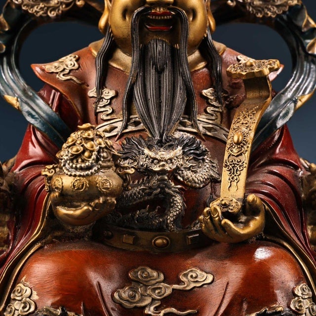 1990s Large Vintage Gilt Bronze God of Wealth Statue - Chinese Caishen Sculpture With Polychrome For Sale - Image 5 of 10
