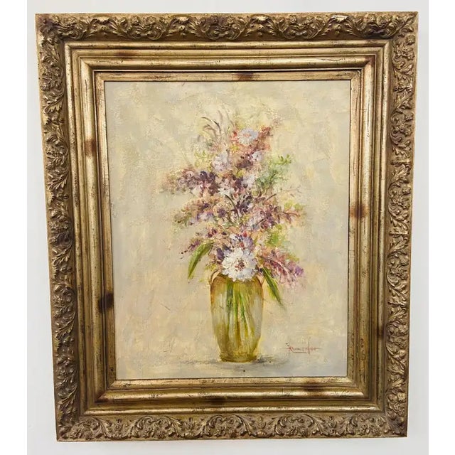 Modern Large Still Life Oil on Canvas Painting of Flowers and Lavender Framed, Signed 1990s For Sale - Image 3 of 12