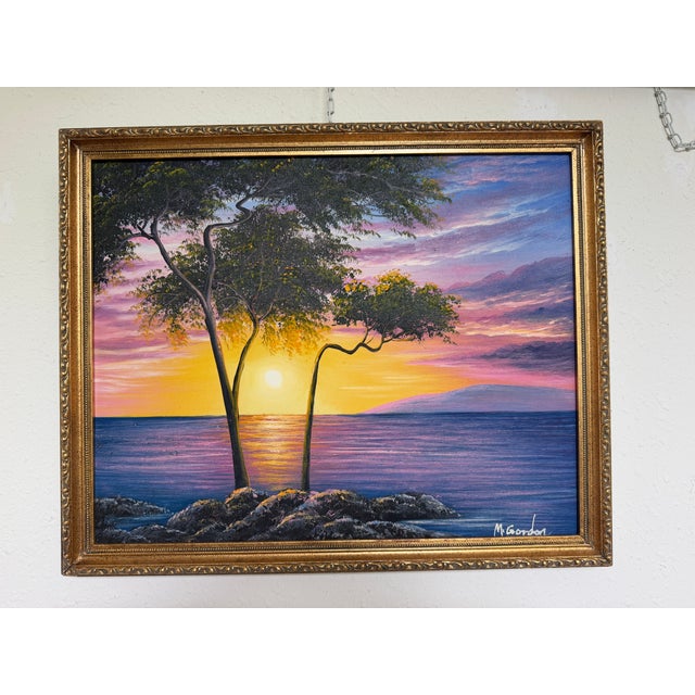 M Gordon Signed Oil Painting Tropical Sunset Seascape Ocean Landscape Framed For Sale - Image 11 of 12