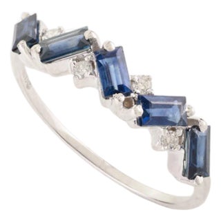 Baguette Blue Sapphire & Diamond Geometric Half Eternity Band Size 5 in 14k Gold For Sale