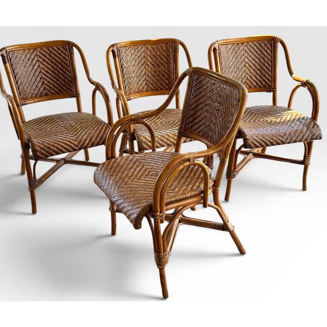 Vintage French Style Bistro Bamboo And Rattan Dining Set Round Glass Top Table And Four Armchairs 5 Pieces This incredibly...