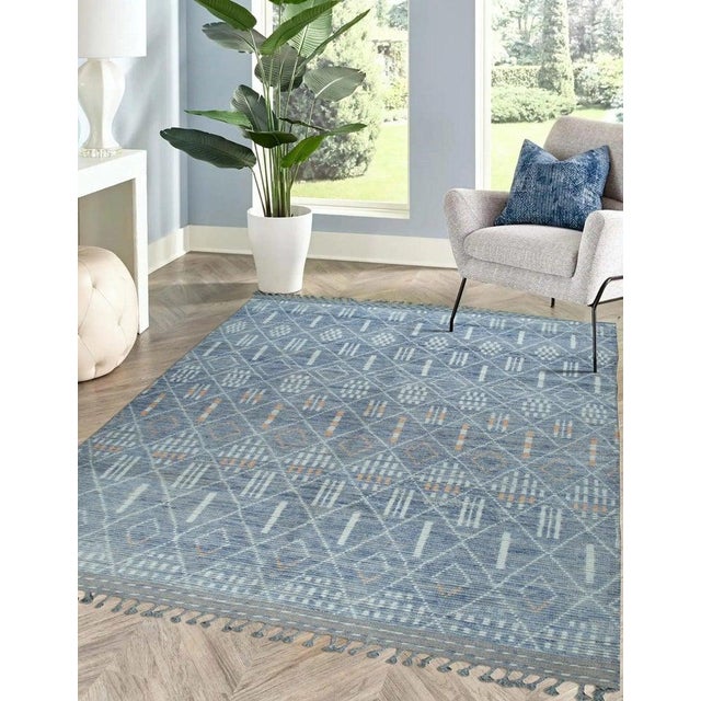 Cornflower Blue 6x9 Blue Hand-Knotted Wool Diamond Lattice Geometric Modern Carpet Rug For Sale - Image 8 of 10
