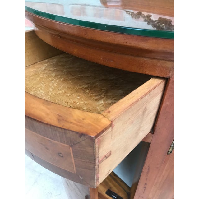 Louis XVI style pair of marquetry nightstands with metal crest one-drawer and one compartment. Originals handles and...