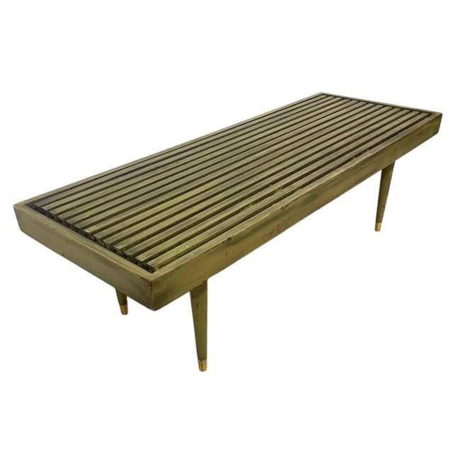 Vintage Mid Century Modern Slatted Wood Bench With Tapered Legs and Brass-Toned Caps For Sale - Image 4 of 9