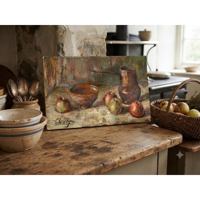 English Vintage & Heavily Textured Expressionistic Impasto Still Life Painting With Apples, Signed, 21” X 12.5” - Cottage-Core & Kitchen Decor - See Pics! For Sale - Image 3 of 6