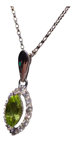 The Eze: Marquise Peridot and Diamond Halo Necklace in White Gold