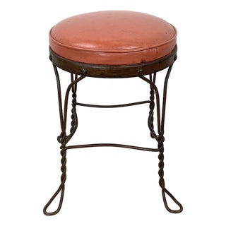 Vintage Wrought Iron Vanity Stool With Twisted Legs and Upholstered Seat For Sale