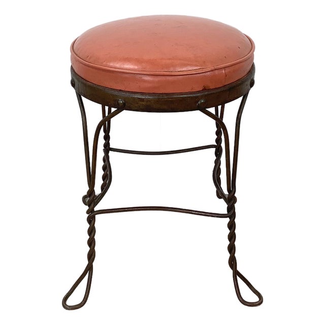 Vintage Wrought Iron Vanity Stool With Twisted Legs and Upholstered Seat For Sale