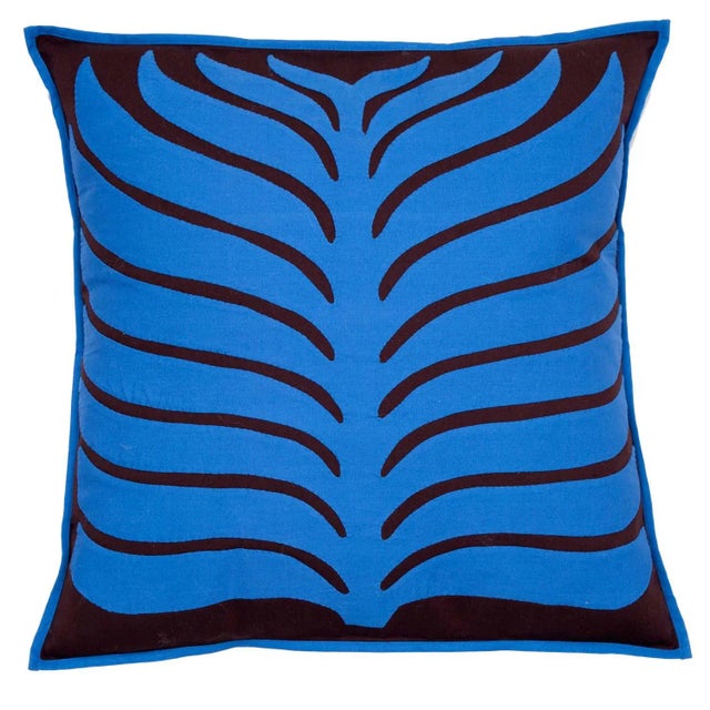 Contemporary Bold Leaf Motif Applique Pillow Case - Persian Blue & Brown, 16" x 16" For Sale - Image 3 of 3