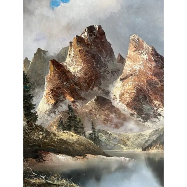 A vintage Alpine mountain landscape oil painting by J. E. Lemke. A fine mountain scene in the German tradition — striking...