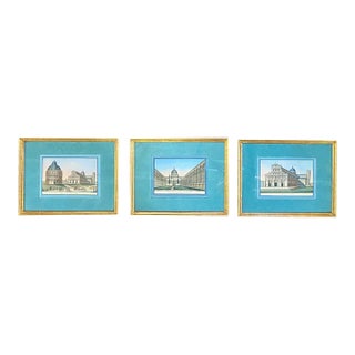 !9th Century Antique Italian Engravings in Gilt Wood Frames and Pretty Blue Mats For Sale