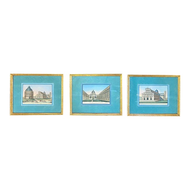 !9th Century Antique Italian Engravings in Gilt Wood Frames and Pretty Blue Mats For Sale