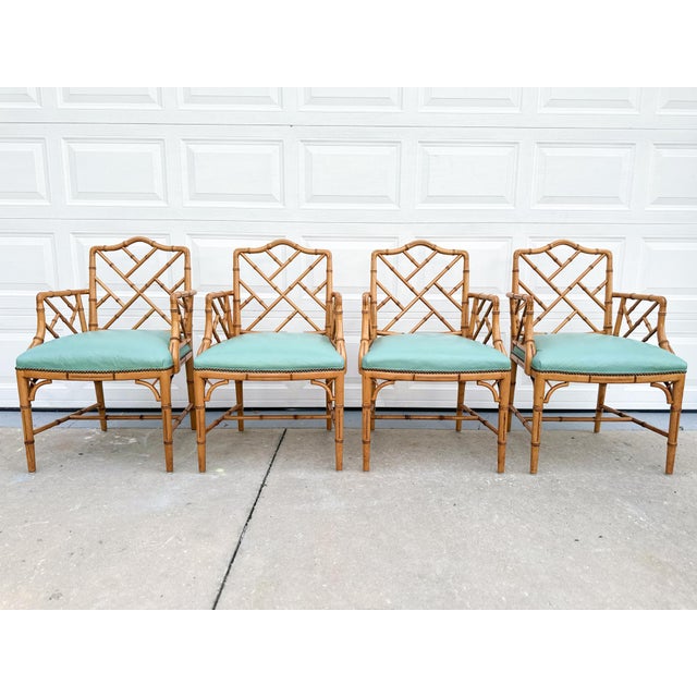 Chinoiserie Set of Four Vintage Century Faux Bamboo Dining Armchairs in the Chinese Chippendale Style For Sale - Image 3 of 9