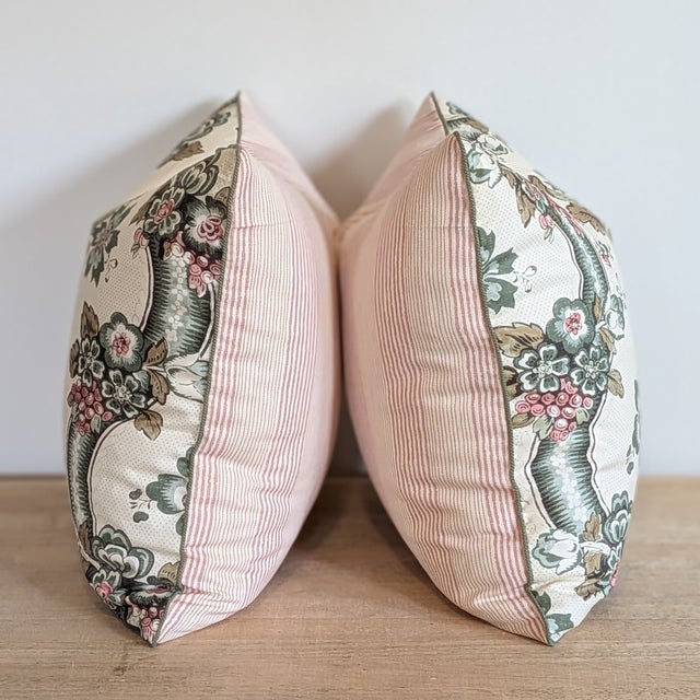 Not Yet Made - Made To Order Lee Jofa Benday Floral Pillows in Green & Rose With Fermoie Pink Striped Backs For Sale - Image 5 of 8