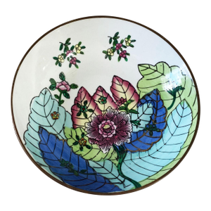 Vintage Chinoiserie Porcelain Bowl /Plate Tobacco Leaf & Peony With Brass Back