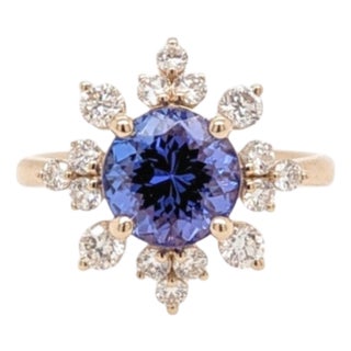 2.3Ct Snowflake Tanzanite Ring With Earth Mined Diamonds: Solid 14k Gold, 8.5mm, Size 6.75 For Sale