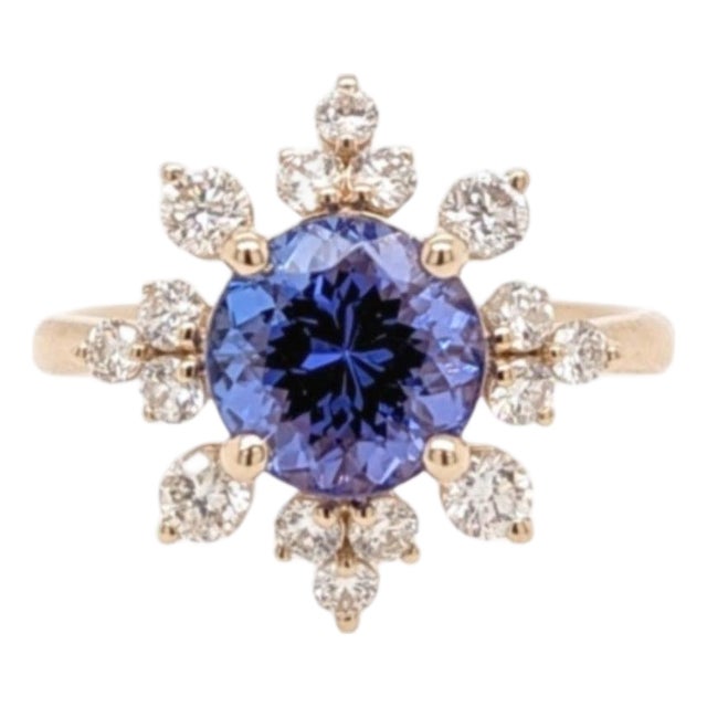 2.3Ct Snowflake Tanzanite Ring With Earth Mined Diamonds: Solid 14k Gold, 8.5mm, Size 6.75 For Sale