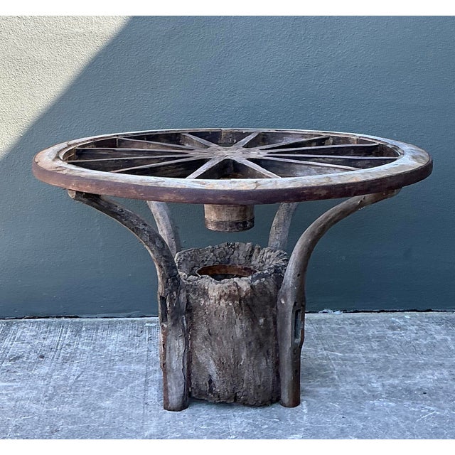 Vintage Primitive Wagon Wheel Dining Table Pedestal For Sale - Image 9 of 12