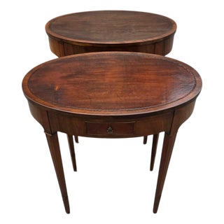 1920 English Sheraton Mahogany Leather Top Side/Sofa Tables, American Made. For Sale