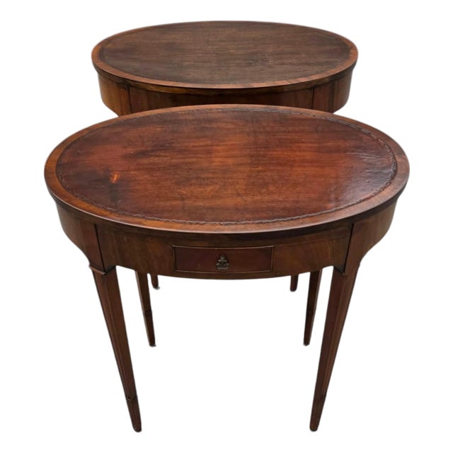 1920 English Sheraton Mahogany Leather Top Side/Sofa Tables, American Made. For Sale