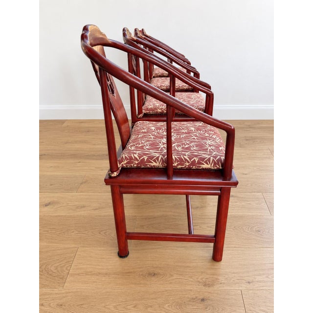 Vintage Chinese Horseshoe Back Arm Chairs With Palm Pattern Seat Cushions. Set of 4. For Sale - Image 4 of 8