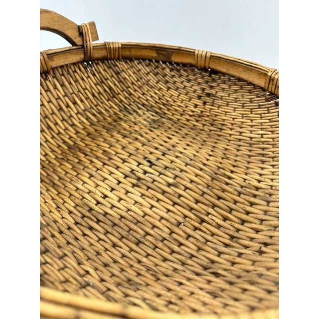 Vintage Japanese Woven Rattan Basket Tray With Carved Wood Handles For Sale - Image 4 of 11