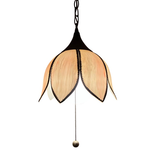 Vintage Mid Century Lt. Pink Tulip Slag Glass Swag Corded Pendant Light W/Chain For Sale