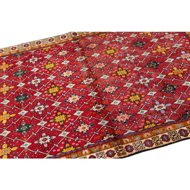 1960s Vintage Shiraz Red Persian Wool Rug With Geometric Floral Design For Sale - Image 4 of 7