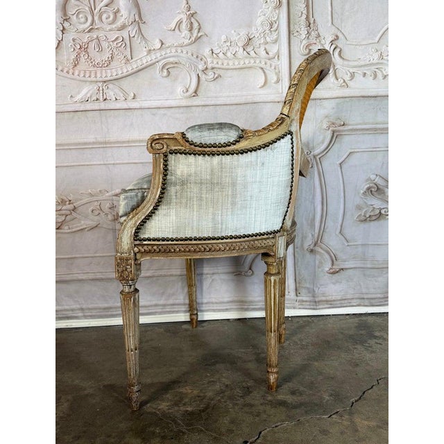 French Antique French Louis XVI Style Painted Bergère Chair With Cane Back For Sale - Image 3 of 18