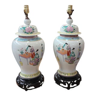 Pair 20th Century Chinese Porcelain Rose Medallion Hand Painted Table Lamps, C1960s For Sale