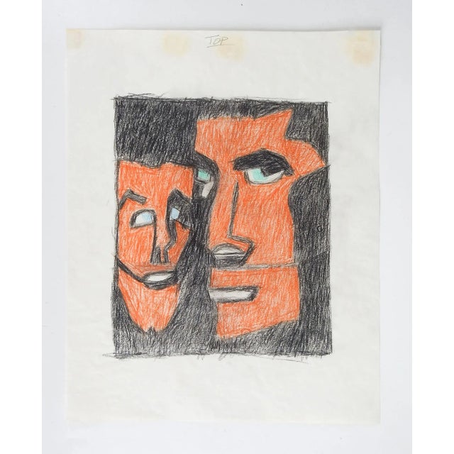 Vintage mid century abstract faces drawing on paper. Unsigned. Unframed, tape remains upper edge.
