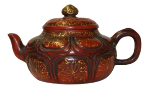 Chinese Zisha Clay Brown Golden Scenery Teapot Display