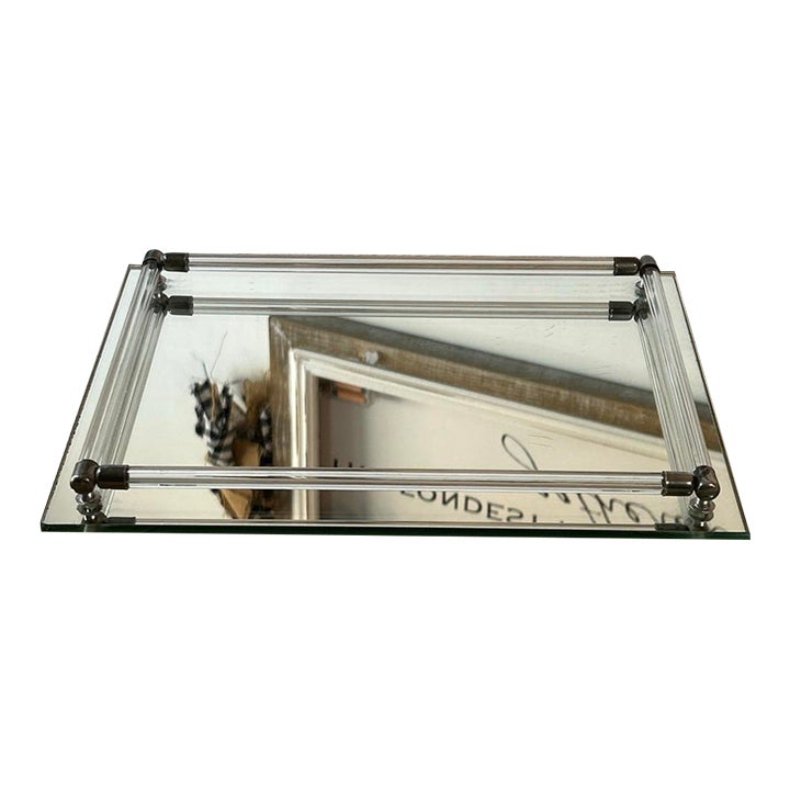 Vintage Mirrored Vanity Tray With Lucite Rails, Brass Accents and ...