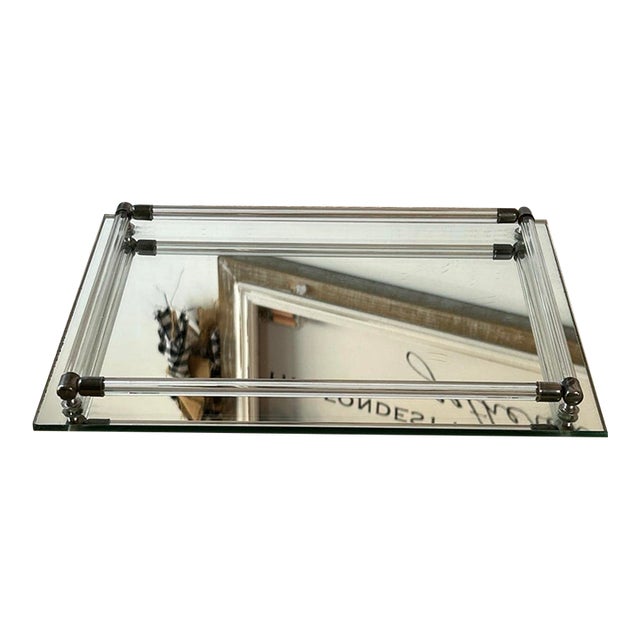Vintage Mirrored Vanity Tray With Lucite Rails, Brass Accents and Footed Bottom 1.5”Hx12”Lx9”W For Sale