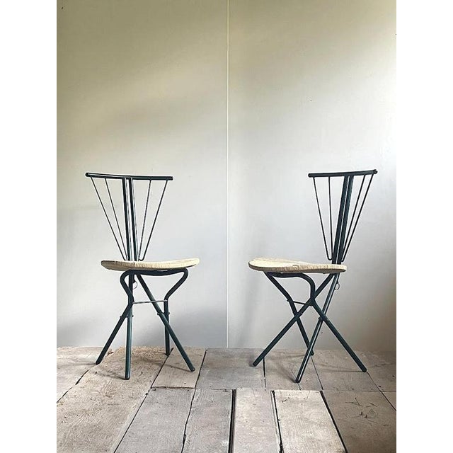 Industrial Folding Chairs in Dark Green Metal and Woven Cord from LaPalma, Italy, 1970s, Set of 2 For Sale - Image 3 of 12