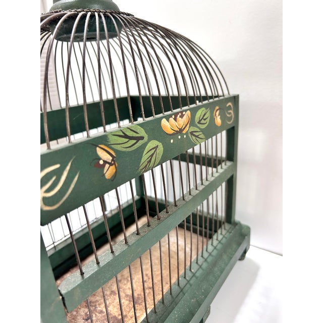 Wood Antique Wire Birdcage Handpainted in Green For Sale - Image 7 of 11