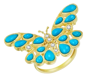 Nina Zhou Butterfly Turquoise Diamond Cocktail Ring in 14k Yellow Gold, Size 6