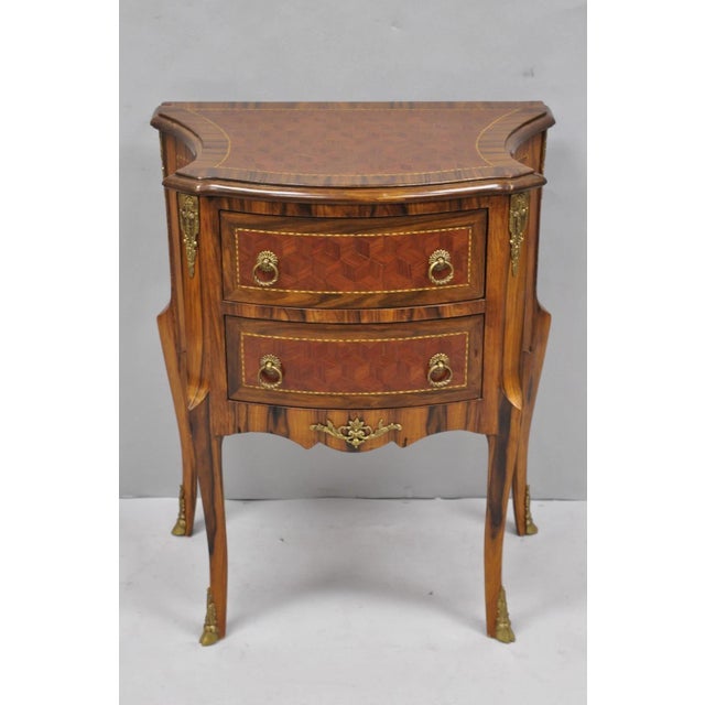 Vintage French Louis XV Style Marquetry Inlay 2 Drawer Nightstand Commode Table For Sale - Image 16 of 16