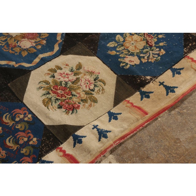 Handmade Antique English Needlepoint Rug in Blue, Beige-Brown Floral Pattern For Sale In New York - Image 6 of 9