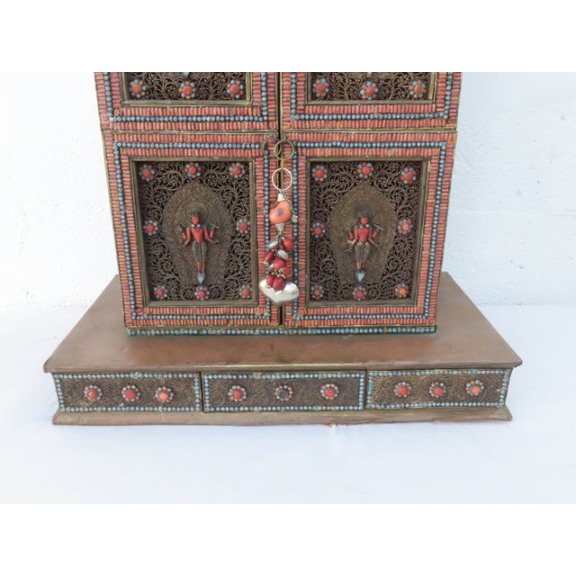 Nepalese Shrine Temple Prayer Cabinet Gilt Coral Turquoise Figural Altar 4491b For Sale - Image 4 of 18