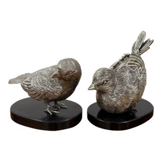 Mid 20th Century Solid Metal Bird Sculptures on Stone Base - Pairs For Sale