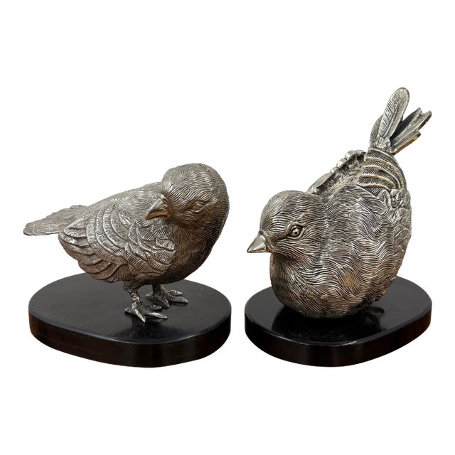 Mid 20th Century Solid Metal Bird Sculptures on Stone Base - Pairs For Sale