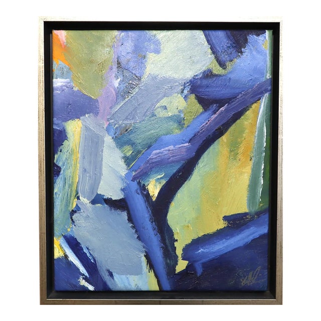 Mid-Century Modern 'Blue Interlude' Vintage Swedish Original Abstract Oil Painting, Framed For Sale