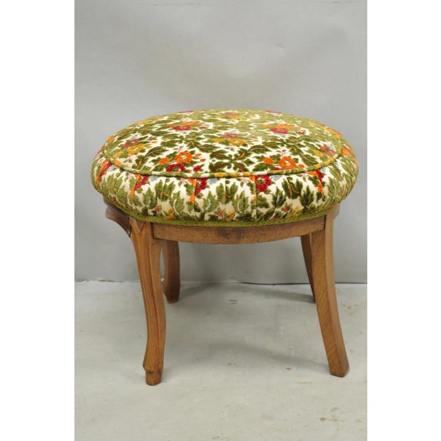 Vintage French Country Provincial Style Walnut Round Seat Vanity Bench Stool For Sale - Image 11 of 13