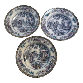 Antique Hope & Carter 3 Polychrome Chinoiserie "The Tea" Rimmed Soup Bowls For Sale