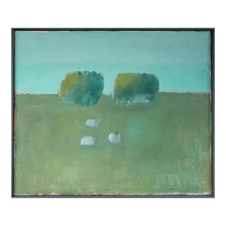 Mid-Century Modern 'Quiet Pasture' Vintage Swedish Original Abstract Landscape Oil Painting, Framed For Sale