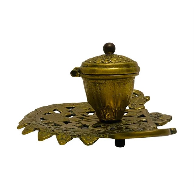 Antique Ornate Art Nouveau Brass Inkwell For Sale - Image 4 of 7